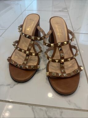 French Sole Brown Studded Strappy Slide Mules